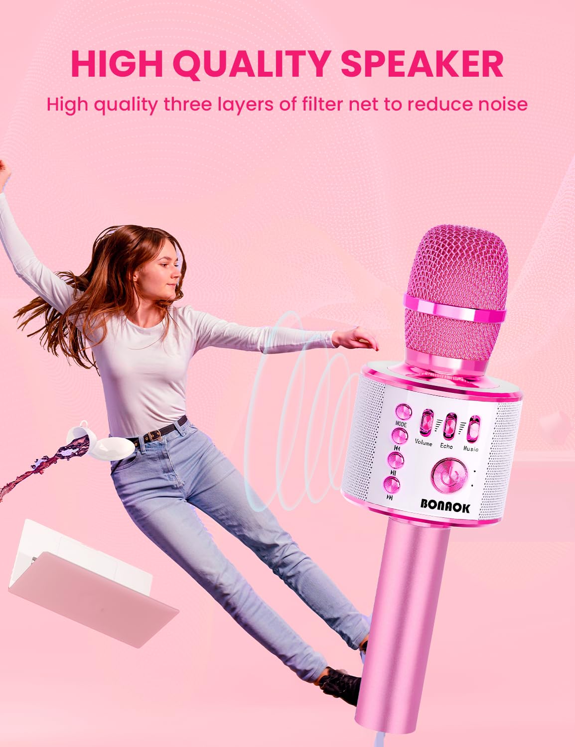 BONAOK Bluetooth Karaoke Wireless Microphone,3-in-1 Portable Handheld Karaoke Mic Speaker Machine Christmas Birthday Home Party